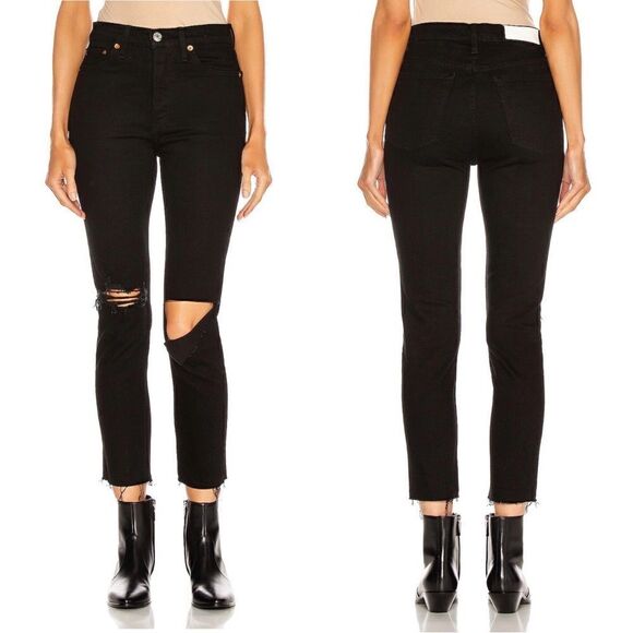 ReDone 90’s High Rise Ankle Crop in Jet Black with Rips Size 25 - Picture 2 of 12